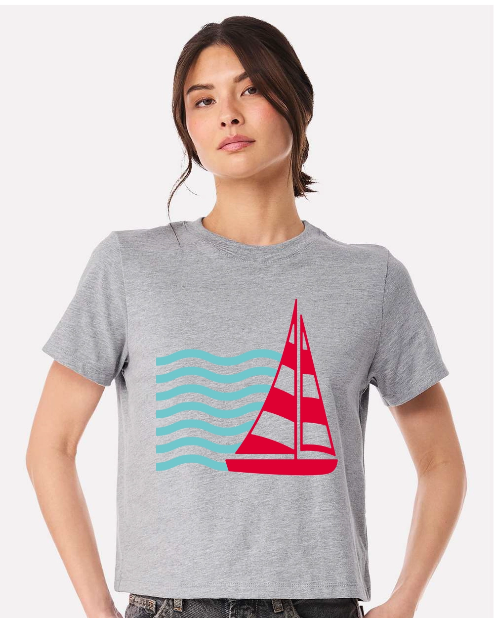 Sail Away Women’s Nautical Tee – Coastal Red Sailboat & Ocean Wave Graphic T-Shirt