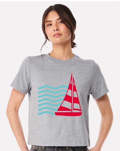 Sail Away Women’s Nautical Tee – Coastal Red Sailboat & Ocean Wave Graphic T-Shirt