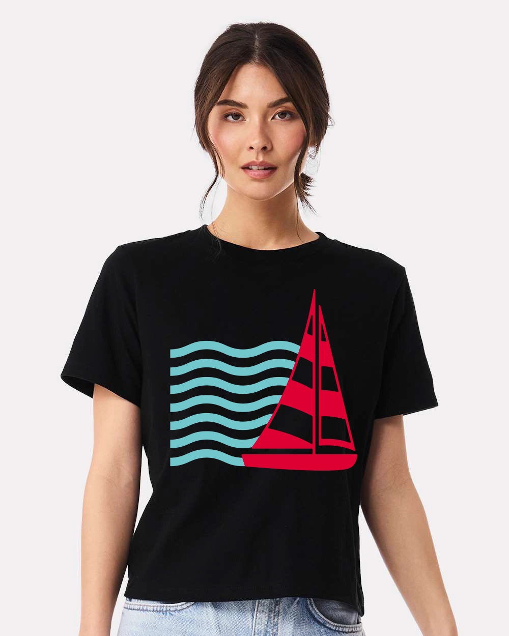 Sail Away Women’s Nautical Tee – Coastal Red Sailboat & Ocean Wave Graphic T-Shirt