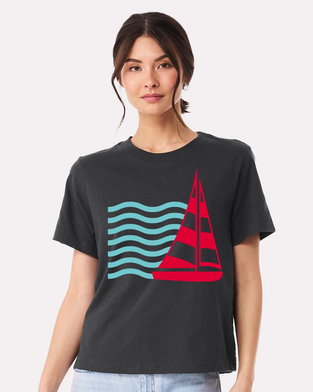 Sail Away Women’s Nautical Tee – Coastal Red Sailboat & Ocean Wave Graphic T-Shirt