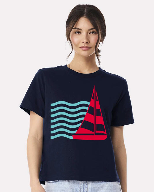 Sail Away Women’s Nautical Tee – Coastal Red Sailboat & Ocean Wave Graphic T-Shirt