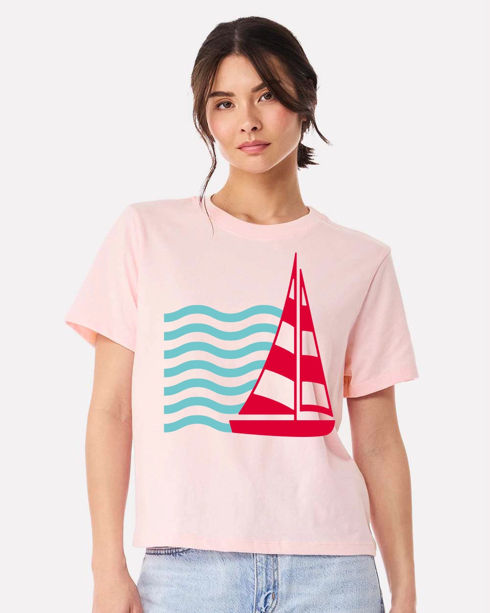 Sail Away Women’s Nautical Tee – Coastal Red Sailboat & Ocean Wave Graphic T-Shirt