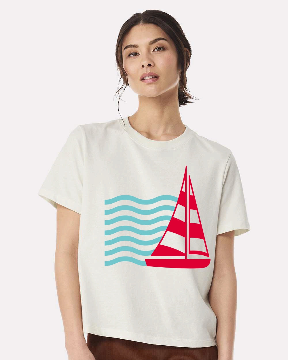 Sail Away Women’s Nautical Tee – Coastal Red Sailboat & Ocean Wave Graphic T-Shirt
